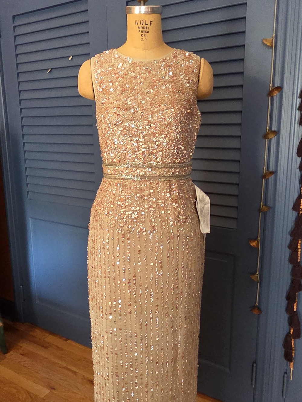 Mac Duggal Nude Sleeveless High Neck Beaded Midi Sheath Dress (Style #A10509)